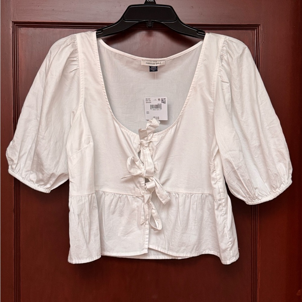 American Eagle White Puff-Sleeve Peplum Top – Size S